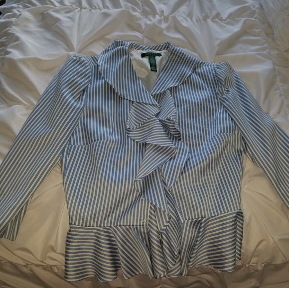 Ralph Lauren blue white striped ruffled blazer - Picture 3 of 5